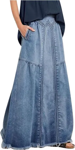 Retro Elastic High Waisted Denim Skirts for Women Vintage Casual Stretchy A Line Maxi Jean Skirt with Pockets