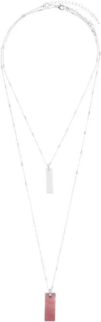 RIAH FASHION Bohemian Natural Stone Geometric Pendant Long Necklace - Simple Rectangle Bar Charm Layering Statement Layer Chain Marble Quartz