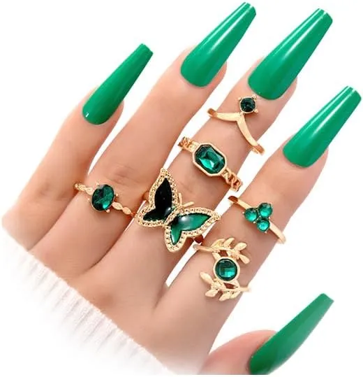 Rrdaily Fashion Crystal Knuckle Stacking Rings Set for Teen Girls Women Dainty Gold Butterfly Heart Rings Joint Finger Stackable Nail Ring Jewelry Gifts