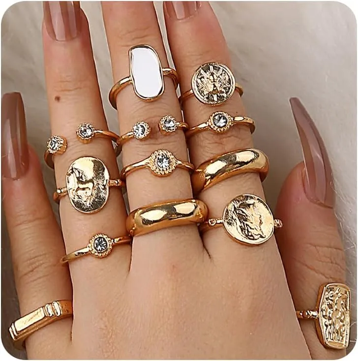 Rrdaily Gold Stackable Opal Knuckle Ring Set for Women Teen Girls Boho Vintage Oval Gemstone Carved Ring Geometric Joint Finger Stacking Nail Ring Jewelry