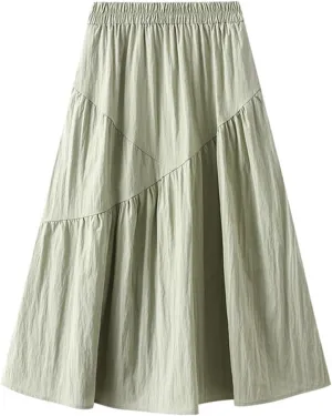 Ruffle Midi Skirts for Women Elastic Waist Pleated Swing Skirt Trendy Business Solid Color Casual A-Line Skirts