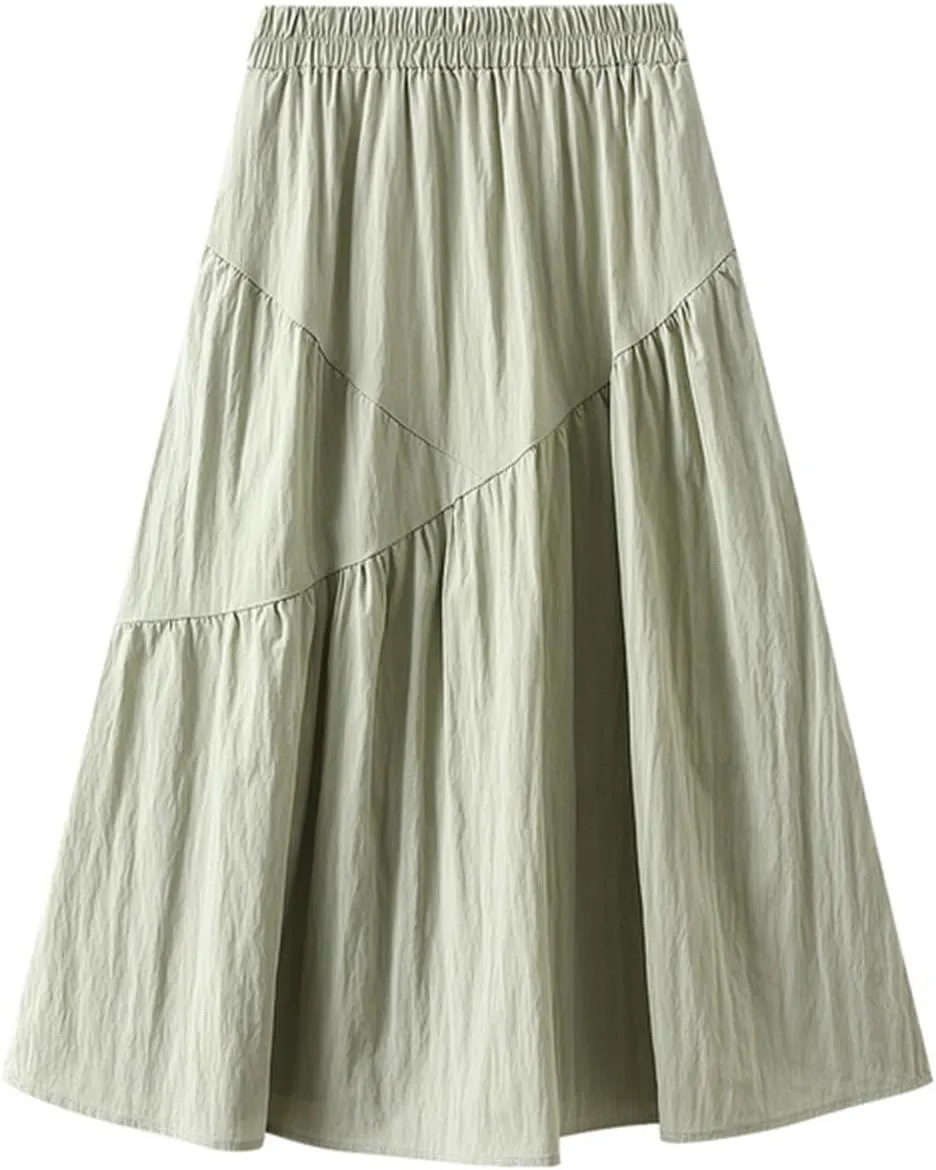 Ruffle Midi Skirts for Women Elastic Waist Pleated Swing Skirt Trendy Business Solid Color Casual A-Line Skirts
