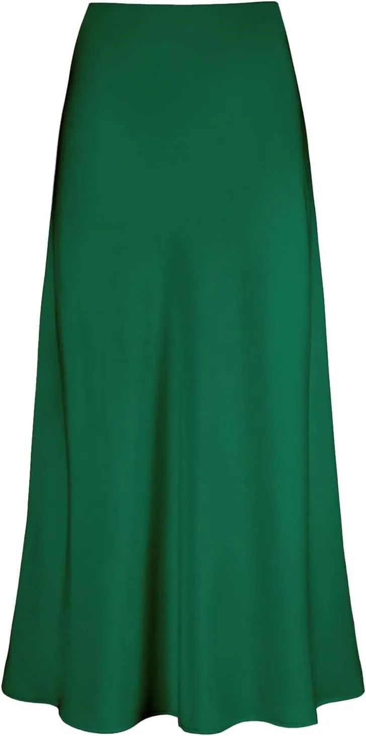 Satin Pencil Skirts for Women Midi Length High Waisted Skirt Trendy Flowy Flared A-Line Skirts Casual Bodycon Business Skirt