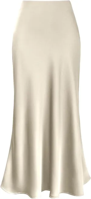 Satin Pencil Skirts for Women Midi Length High Waisted Skirt Trendy Flowy Flared A-Line Skirts Casual Bodycon Business Skirt