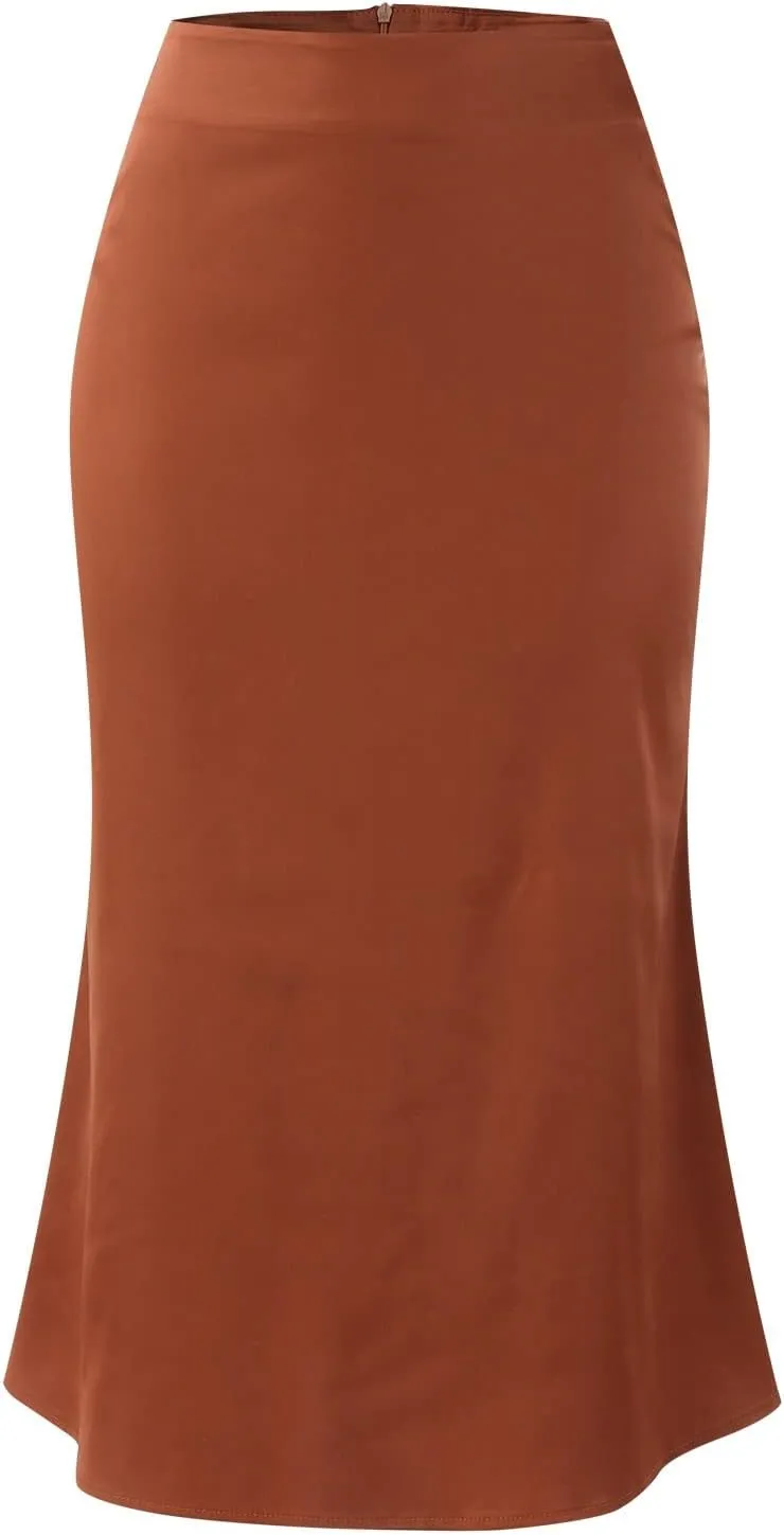 Satin Skirts for Women Midi Length Silk Skirt Elegant High Waisted Midi Skirt Flowy A-Line Flared Cocktail Party Long Skirts