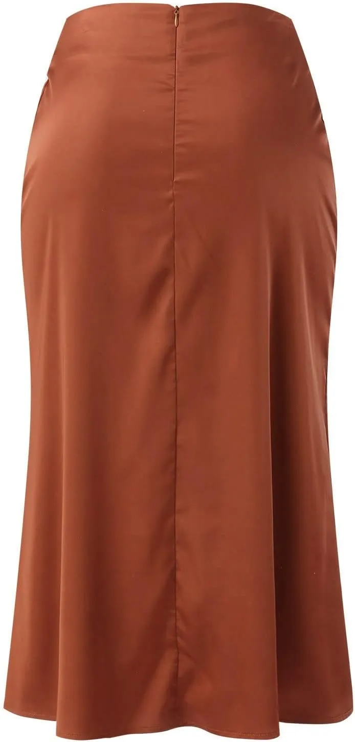 Satin Skirts for Women Midi Length Silk Skirt Elegant High Waisted Midi Skirt Flowy A-Line Flared Cocktail Party Long Skirts