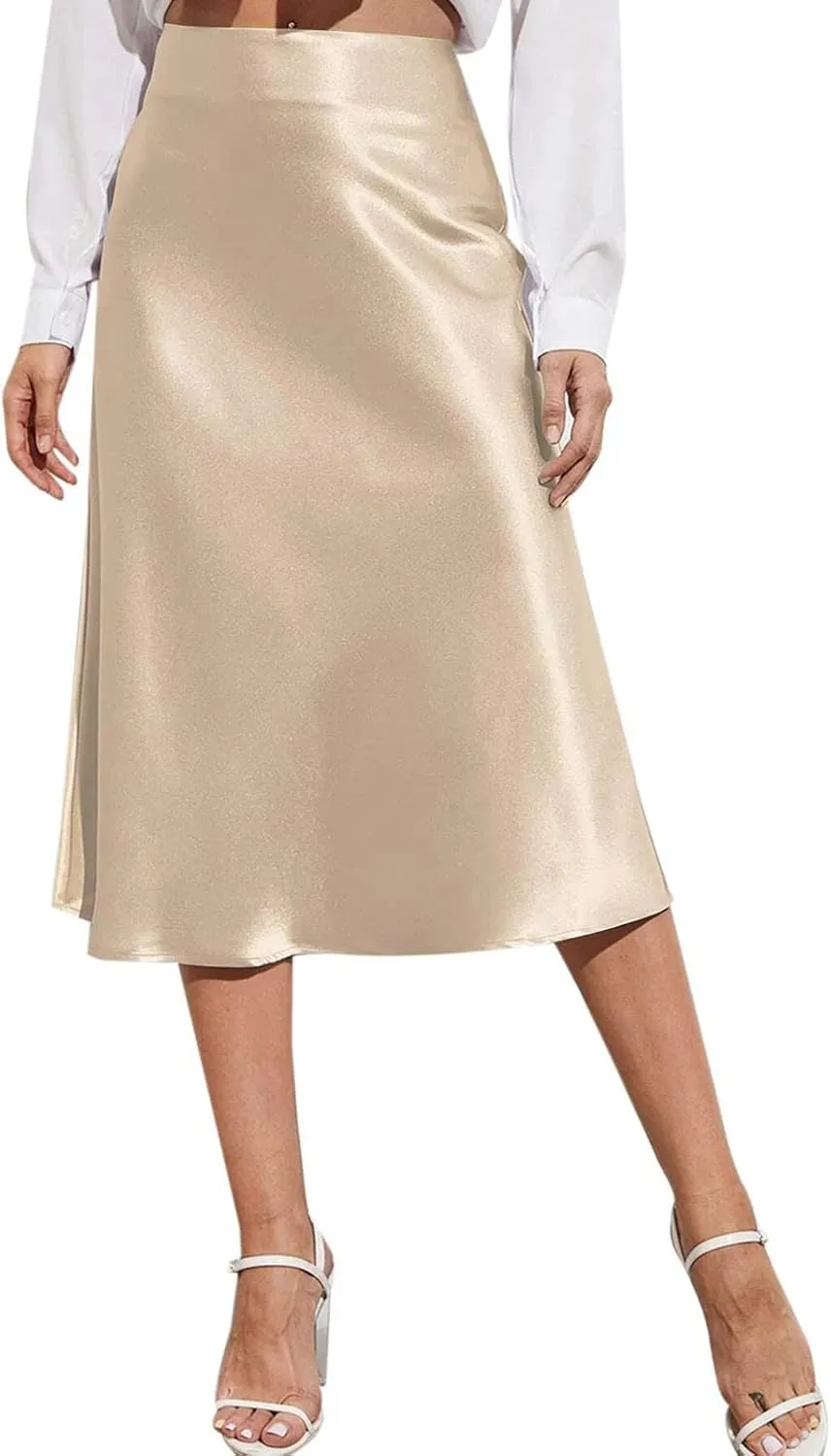Satin Skirts for Women Midi Length Silk Skirt Elegant High Waisted Midi Skirt Flowy A-Line Flared Cocktail Party Long Skirts