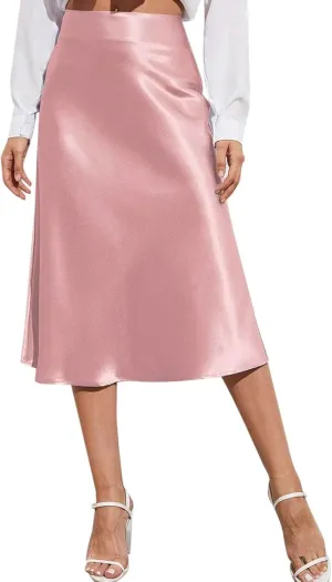 Satin Skirts for Women Midi Length Silk Skirt Elegant High Waisted Midi Skirt Flowy A-Line Flared Cocktail Party Long Skirts