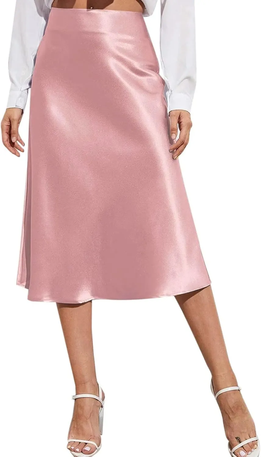 Satin Skirts for Women Midi Length Silk Skirt Elegant High Waisted Midi Skirt Flowy A-Line Flared Cocktail Party Long Skirts