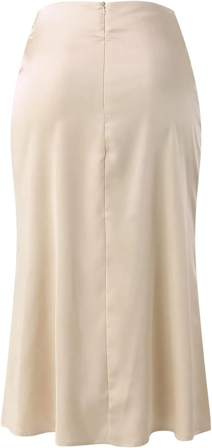Satin Skirts for Women Midi Length Silk Skirt Elegant High Waisted Midi Skirt Flowy A-Line Flared Cocktail Party Long Skirts