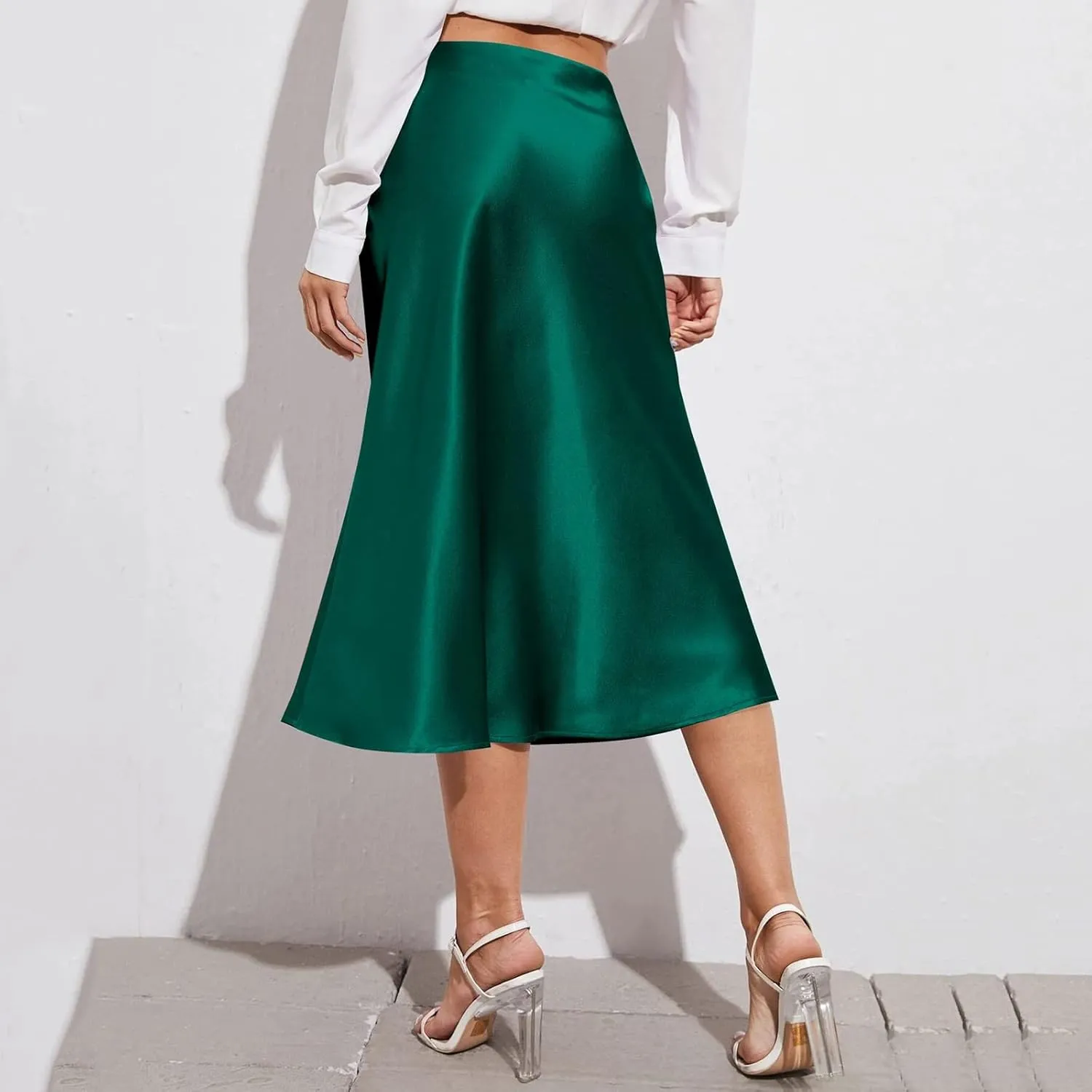 Satin Skirts for Women Midi Length Silk Skirt Elegant High Waisted Midi Skirt Flowy A-Line Flared Cocktail Party Long Skirts