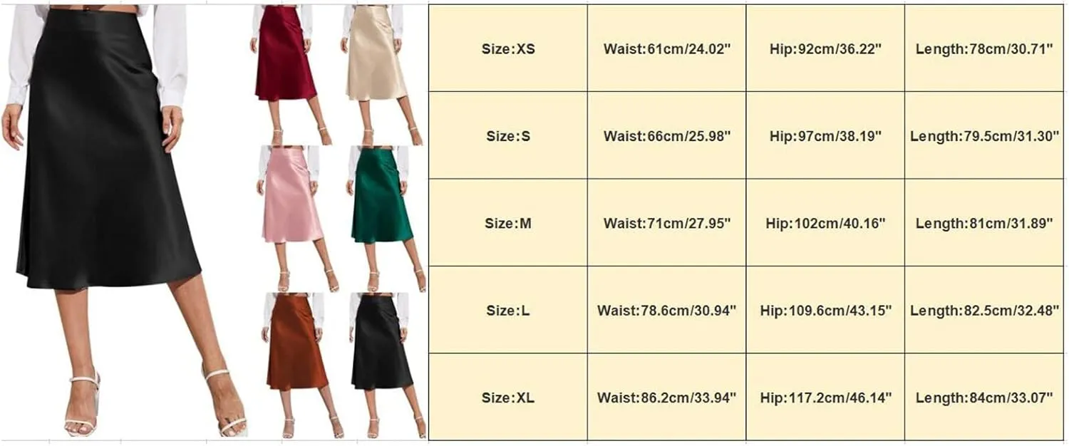 Satin Skirts for Women Midi Length Silk Skirt Elegant High Waisted Midi Skirt Flowy A-Line Flared Cocktail Party Long Skirts