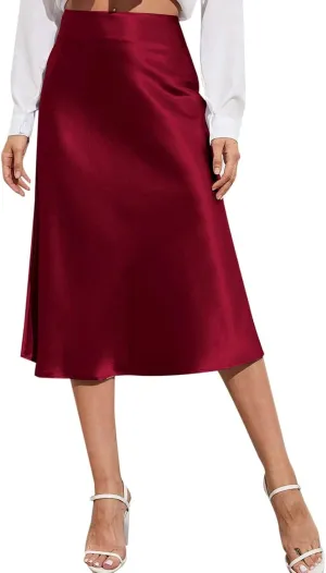 Satin Skirts for Women Midi Length Silk Skirt Elegant High Waisted Midi Skirt Flowy A-Line Flared Cocktail Party Long Skirts