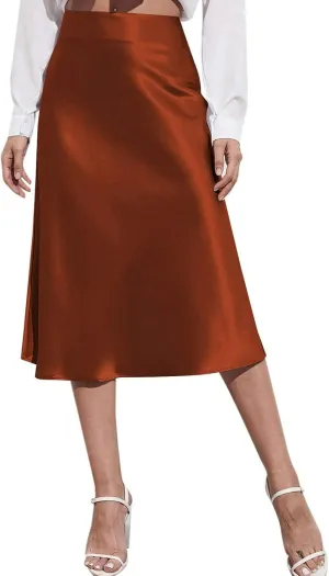 Satin Skirts for Women Midi Length Silk Skirt Elegant High Waisted Midi Skirt Flowy A-Line Flared Cocktail Party Long Skirts