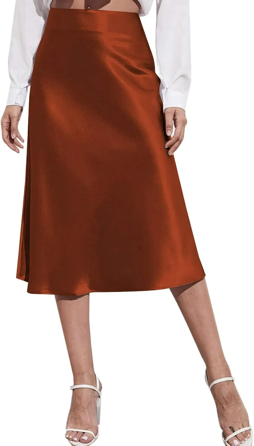 Satin Skirts for Women Midi Length Silk Skirt Elegant High Waisted Midi Skirt Flowy A-Line Flared Cocktail Party Long Skirts