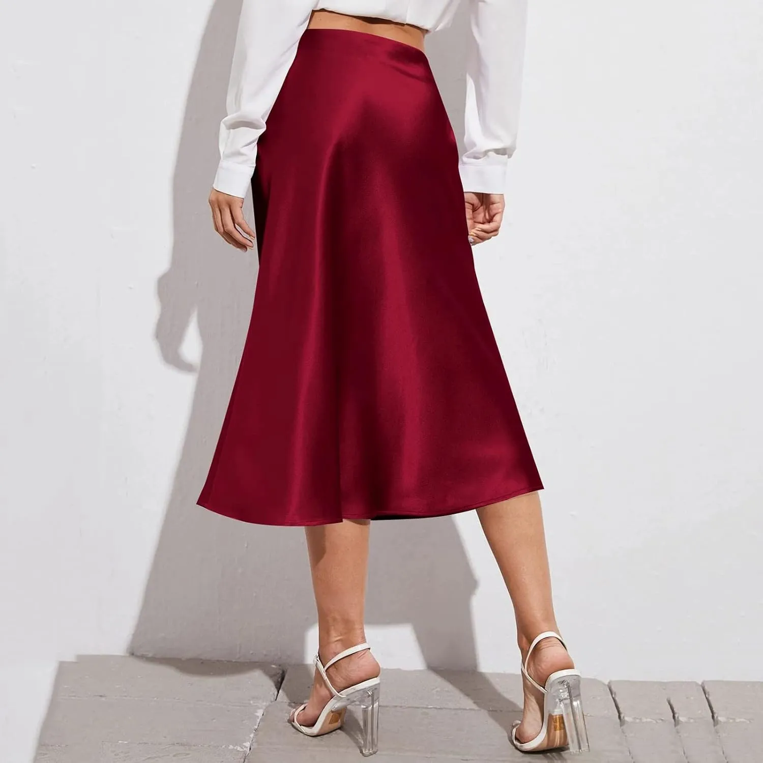 Satin Skirts for Women Midi Length Silk Skirt Elegant High Waisted Midi Skirt Flowy A-Line Flared Cocktail Party Long Skirts