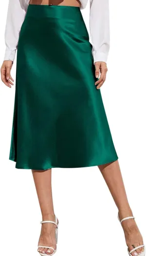 Satin Skirts for Women Midi Length Silk Skirt Elegant High Waisted Midi Skirt Flowy A-Line Flared Cocktail Party Long Skirts