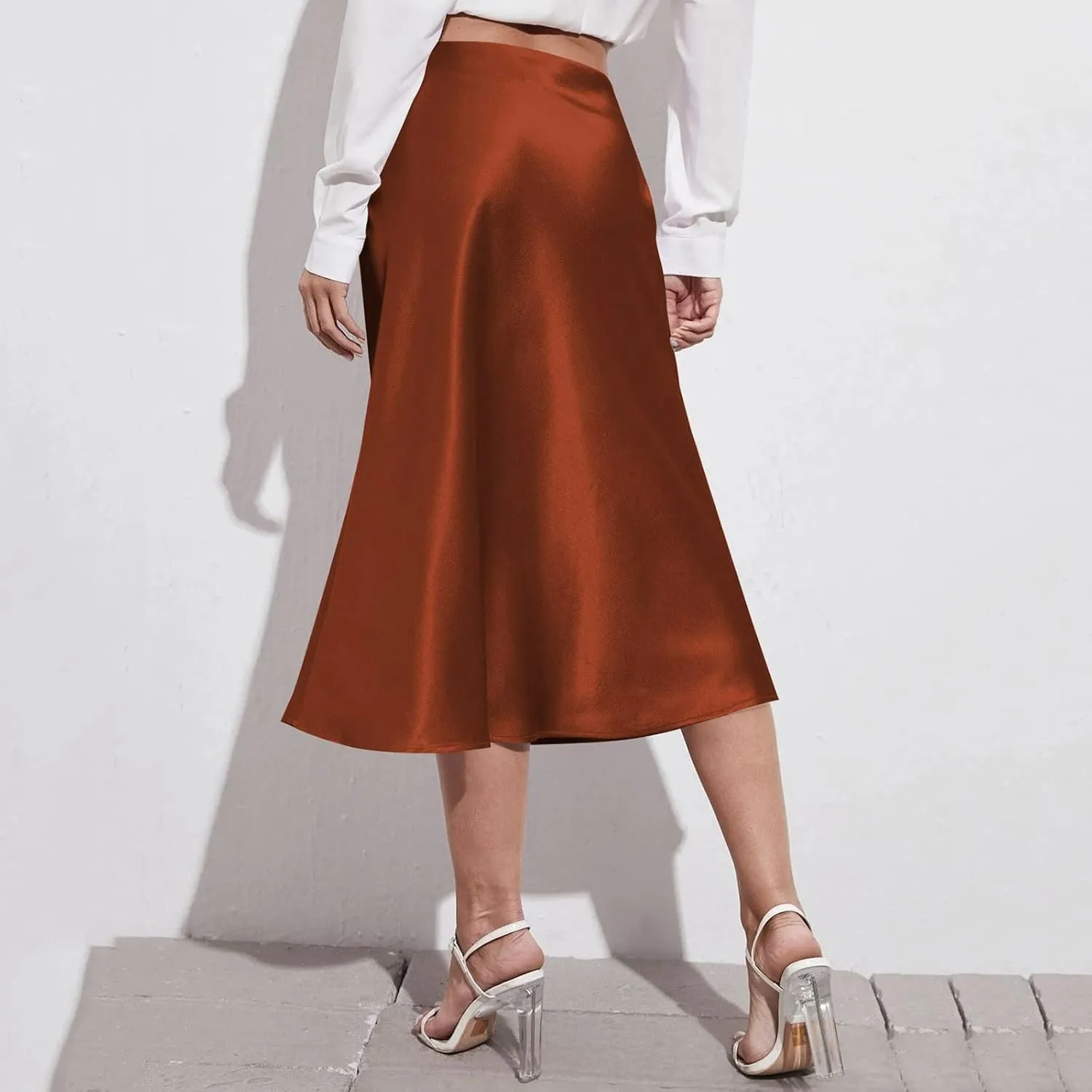 Satin Skirts for Women Midi Length Silk Skirt Elegant High Waisted Midi Skirt Flowy A-Line Flared Cocktail Party Long Skirts