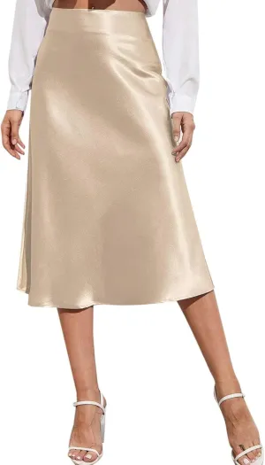 Satin Skirts for Women Midi Length Silk Skirt Elegant High Waisted Midi Skirt Flowy A-Line Flared Cocktail Party Long Skirts