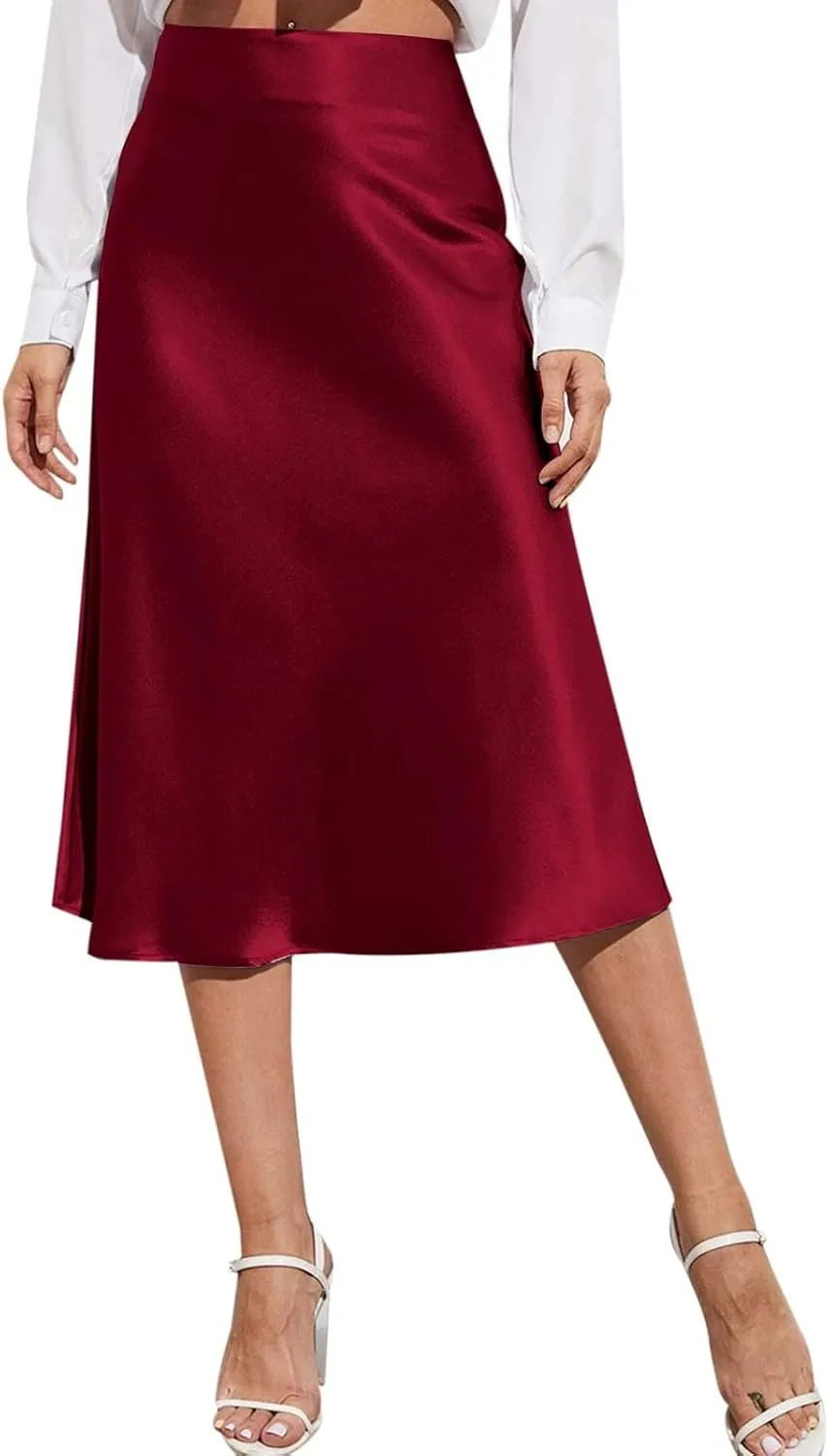 Satin Skirts for Women Midi Length Silk Skirt Elegant High Waisted Midi Skirt Flowy A-Line Flared Cocktail Party Long Skirts