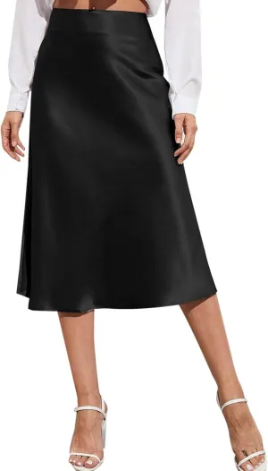 Satin Skirts for Women Midi Length Silk Skirt Elegant High Waisted Midi Skirt Flowy A-Line Flared Cocktail Party Long Skirts