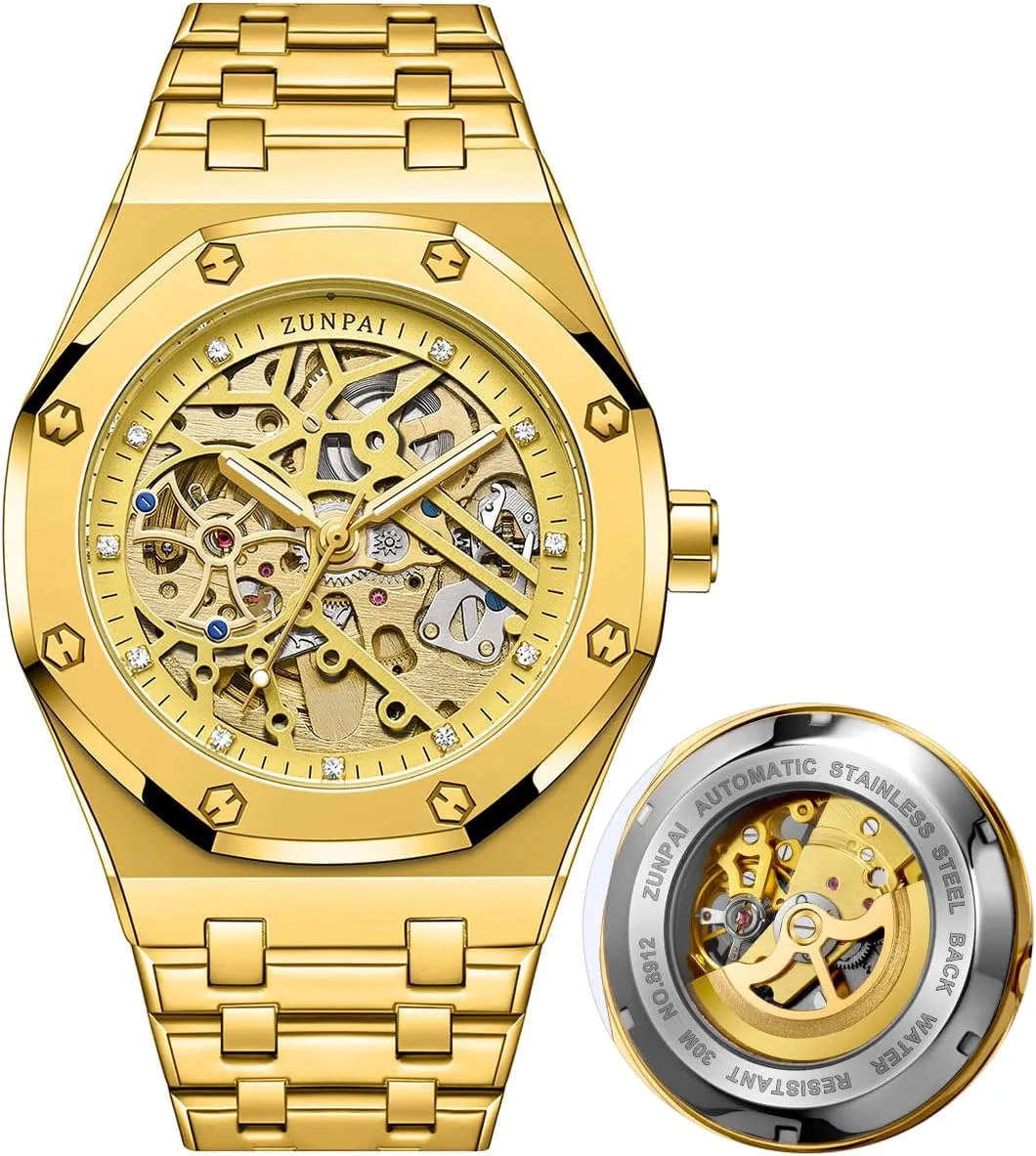 senstone Automatic Watches for Men Mechanical Movement Tourbillon Self-Winding Transparent Skeleton Fashion Gift Business Dress Wristwatch with Waterproof 41mm Luminous Dial Stainless Steel Band