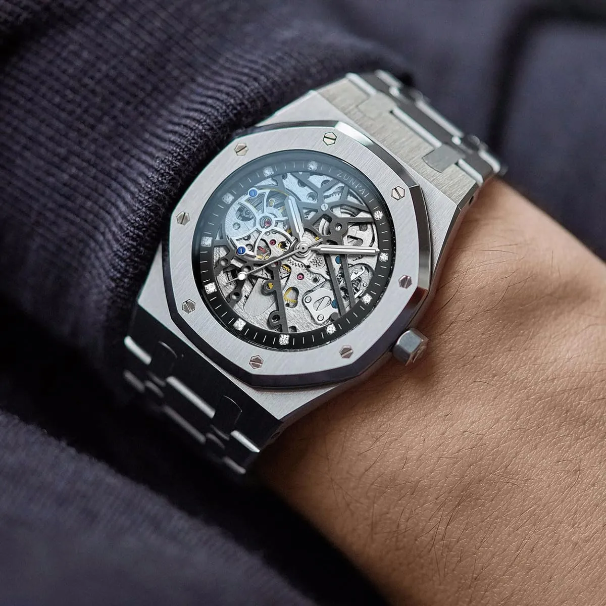 senstone Automatic Watches for Men Mechanical Movement Tourbillon Self-Winding Transparent Skeleton Fashion Gift Business Dress Wristwatch with Waterproof 41mm Luminous Dial Stainless Steel Band