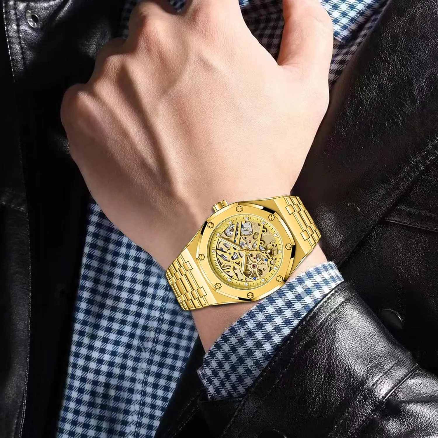senstone Automatic Watches for Men Mechanical Movement Tourbillon Self-Winding Transparent Skeleton Fashion Gift Business Dress Wristwatch with Waterproof 41mm Luminous Dial Stainless Steel Band