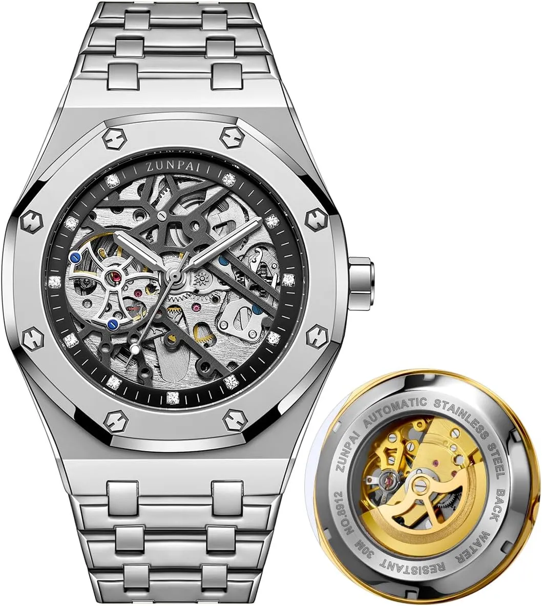 senstone Automatic Watches for Men Mechanical Movement Tourbillon Self-Winding Transparent Skeleton Fashion Gift Business Dress Wristwatch with Waterproof 41mm Luminous Dial Stainless Steel Band