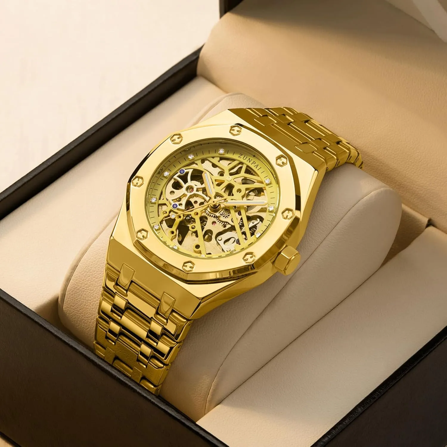 senstone Automatic Watches for Men Mechanical Movement Tourbillon Self-Winding Transparent Skeleton Fashion Gift Business Dress Wristwatch with Waterproof 41mm Luminous Dial Stainless Steel Band