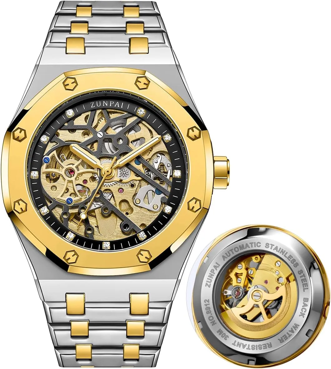 senstone Automatic Watches for Men Mechanical Movement Tourbillon Self-Winding Transparent Skeleton Fashion Gift Business Dress Wristwatch with Waterproof 41mm Luminous Dial Stainless Steel Band