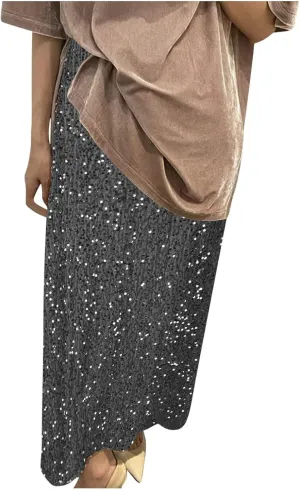 Sequin Long Skirts for Women Sparkly Plus Size Stretch Skirt Elastic Comfort Baggy Skirt Party Casual A Line Skirts