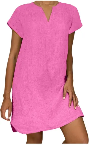 Shirt Dresses for Women Cap Sleeved Vintage Cotton Linen Long Dress Loose Fit Crewneck Casual Summer Dress Pockets