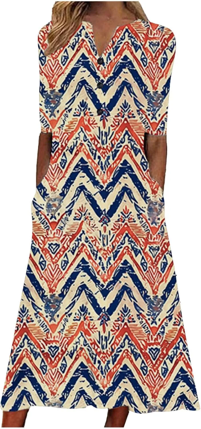 Short Sleeve Dress for Women 2025 Casual Floral Summer Maxi Dresses Button V Neck Flowy Beach Vacation Sundress