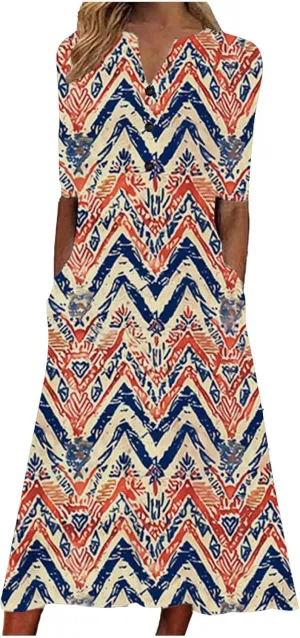 Short Sleeve Dress for Women 2025 Casual Floral Summer Maxi Dresses Button V Neck Flowy Beach Vacation Sundress