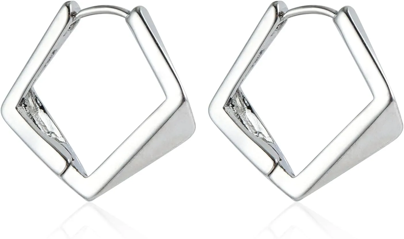 Silver Earrings for Women, Small Hoop Earrings Chunky Geometric Rhombus Silver Hoops, Hypoallergenic Trendy Minimalist Jewelry for Gifts