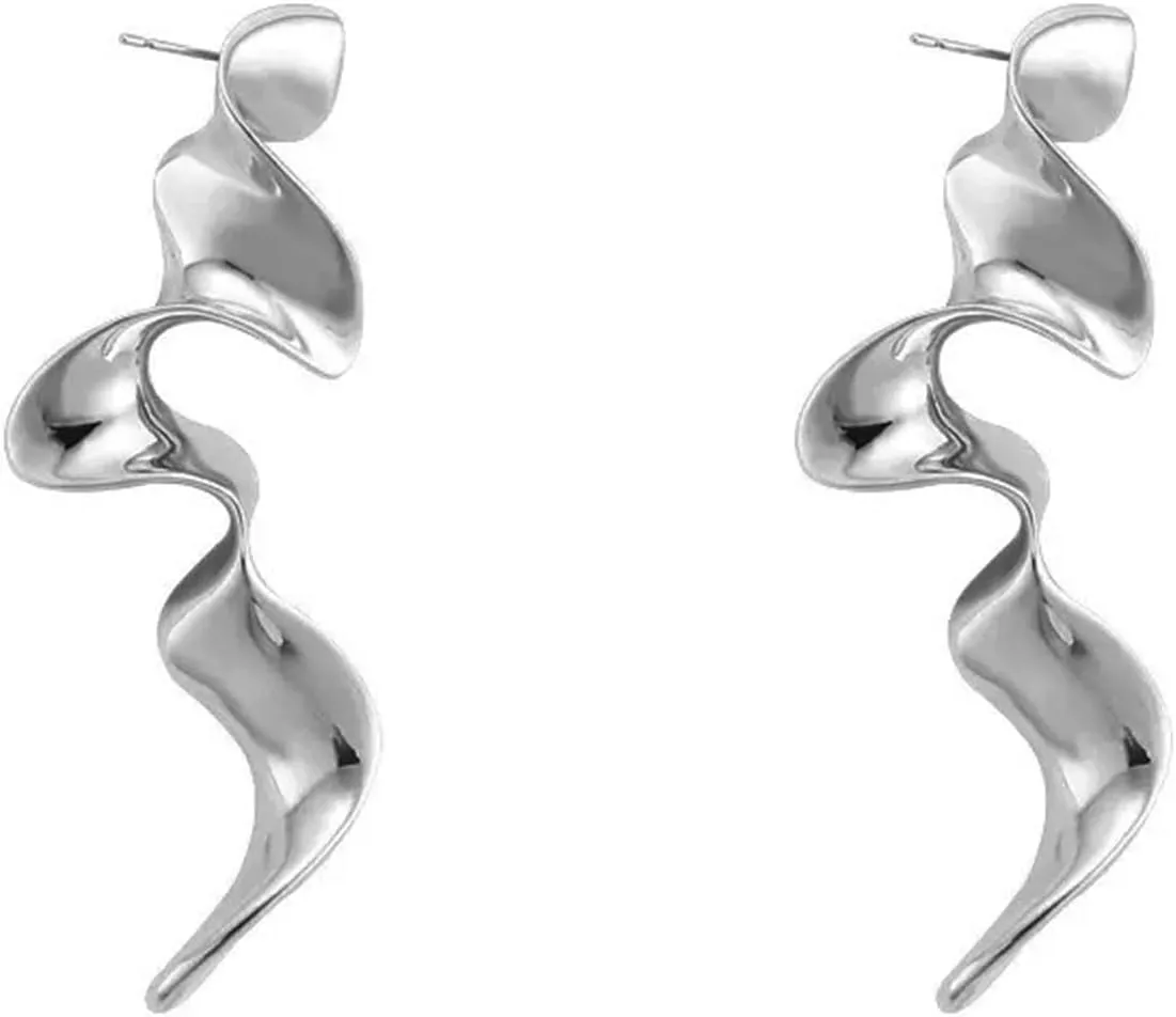 Silver Irregular Ribbon Earrings for Women Dainty Geometric Hypoallergenic Simple Dangle Minimalism Earrings(Silver)
