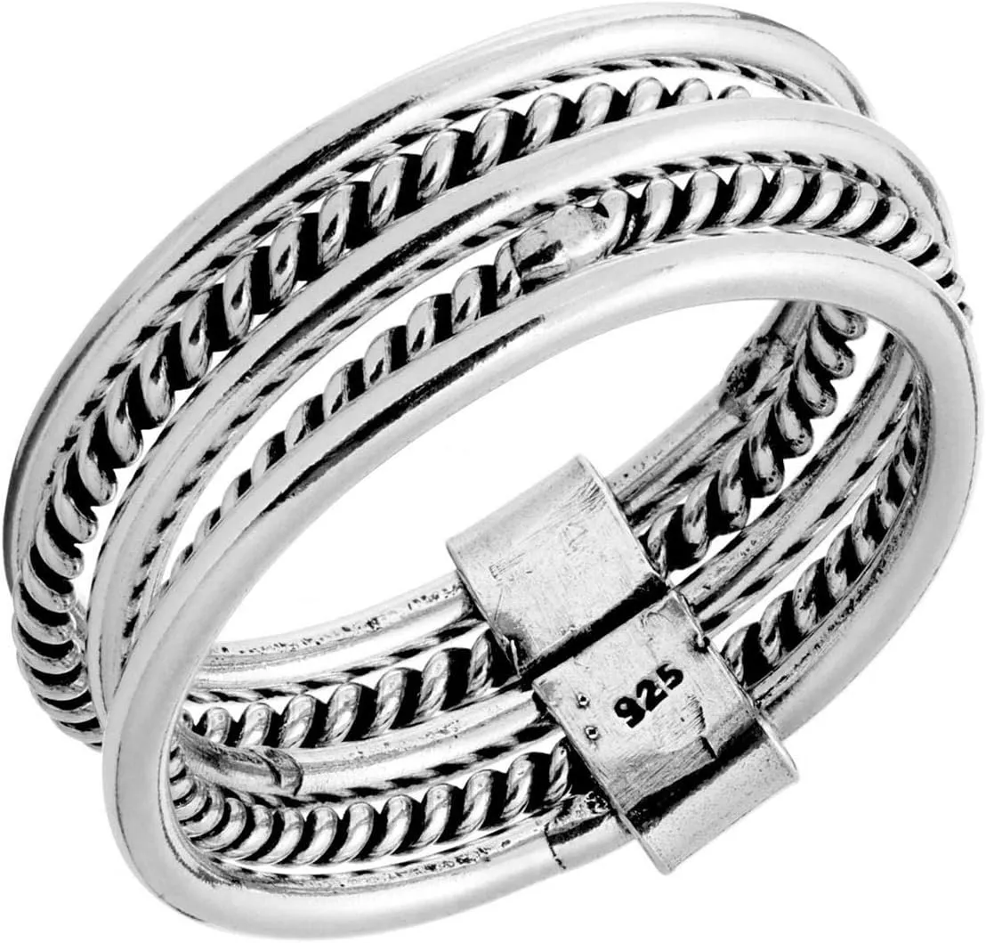 Silverly Women's 925 Sterling Silver Joined Set Multi-Band Multi-Row Twist Rope Stacked Ring