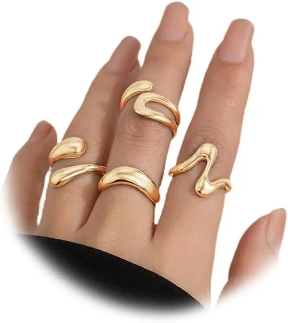 Simple Chunky 14K Gold Wavy Huggie Open Rings Stack Set for Women, Statement Silver Stacked Knuckle Midi Index Finger Ring Jewelry Party Prom Accessories