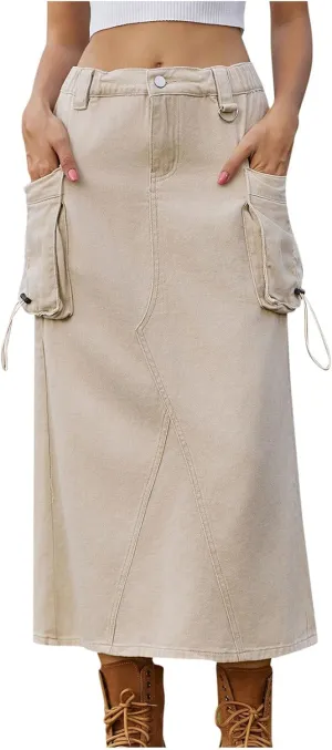 Skirts for Women Fall Winter Warm Straight Skirt High Waist Hip-Wrapped Skirt Casual Jean Cargo Skirts with Pocket
