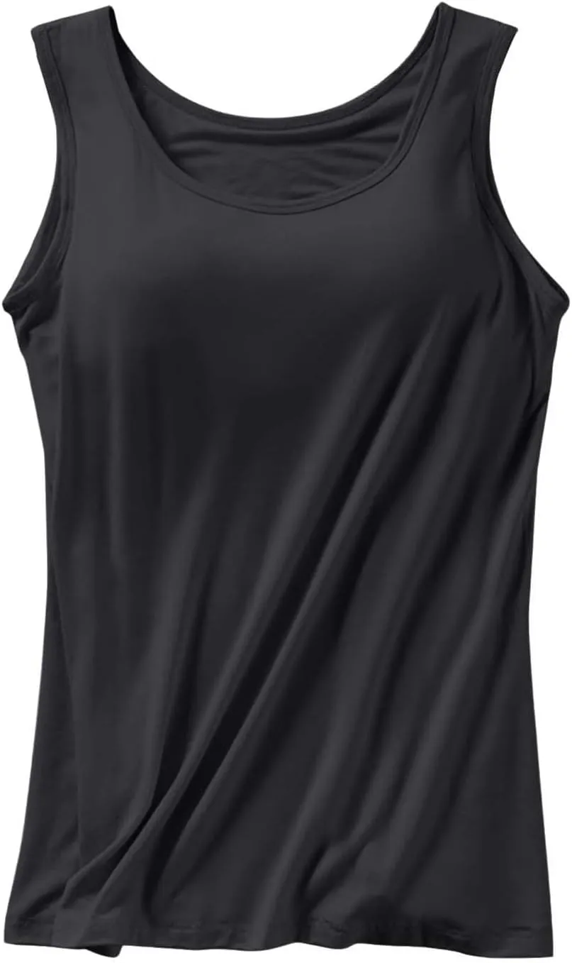 Sleeveless Womens Tank Tops with Built in Bra, Summer Cute Top Basic Padded Wide Strap Yoga Camisole Workout Shirts
