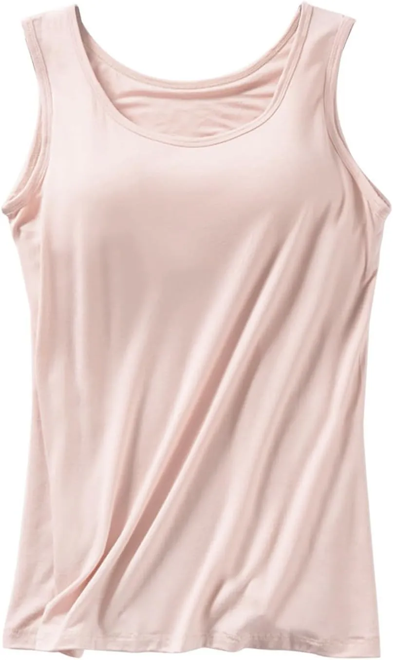Sleeveless Womens Tank Tops with Built in Bra, Summer Cute Top Basic Padded Wide Strap Yoga Camisole Workout Shirts