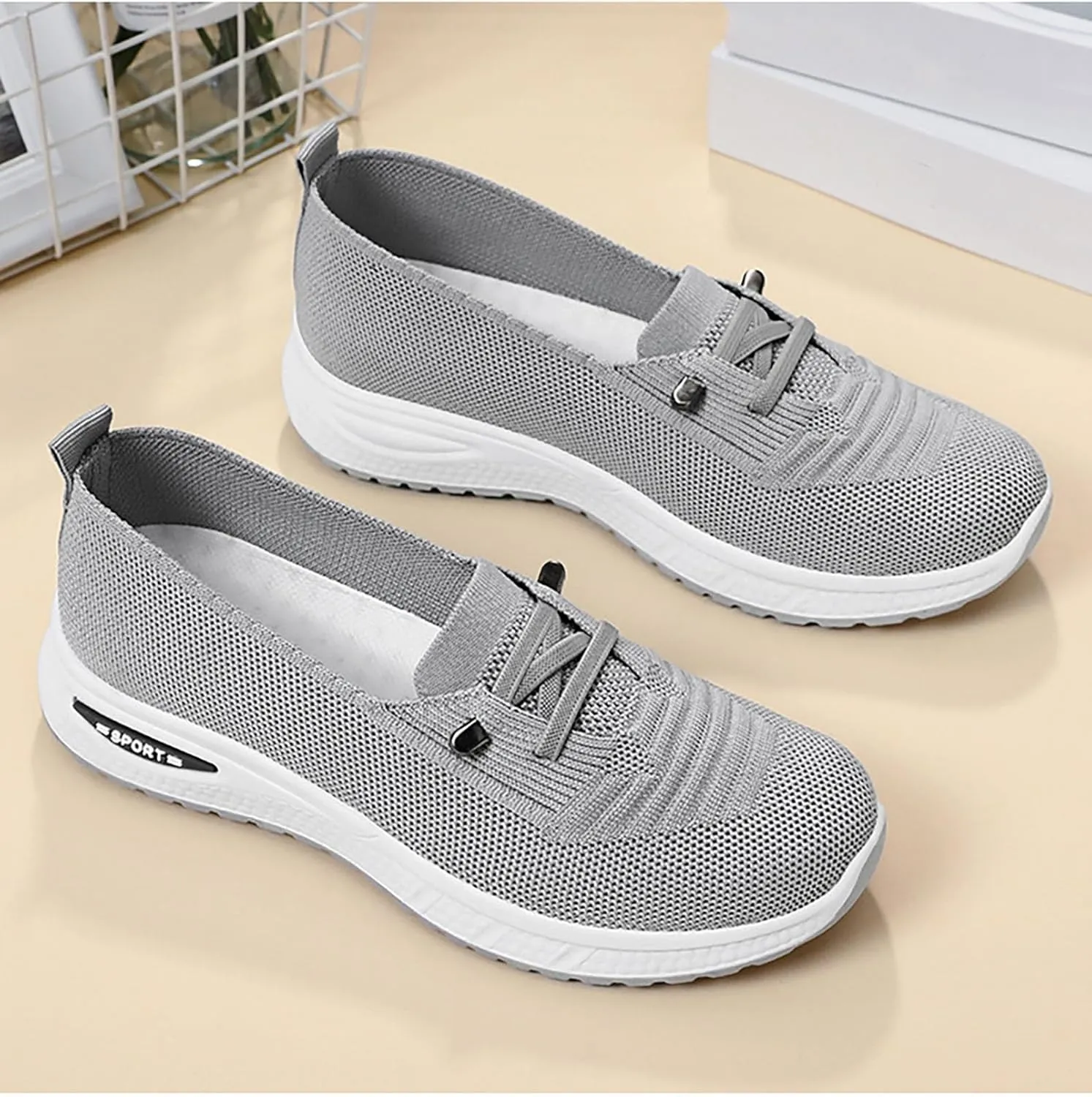 Slip On Orthopedic Sneakers Women Breathable Mesh Knitted Woven Low Top Walking Shoes Lightweight Non-Slip