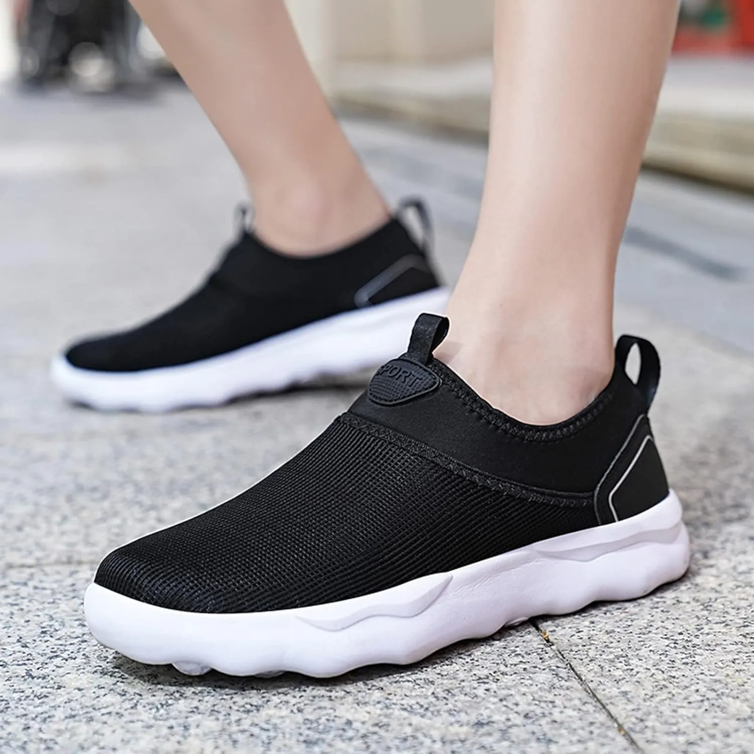 Slip on Walking Shoes for Men Comfy Knitted Memory Foam Breathable Mesh Fashion Sneakers Non Slip Arch Support Cushioning Training Gym Shoes Wide Width