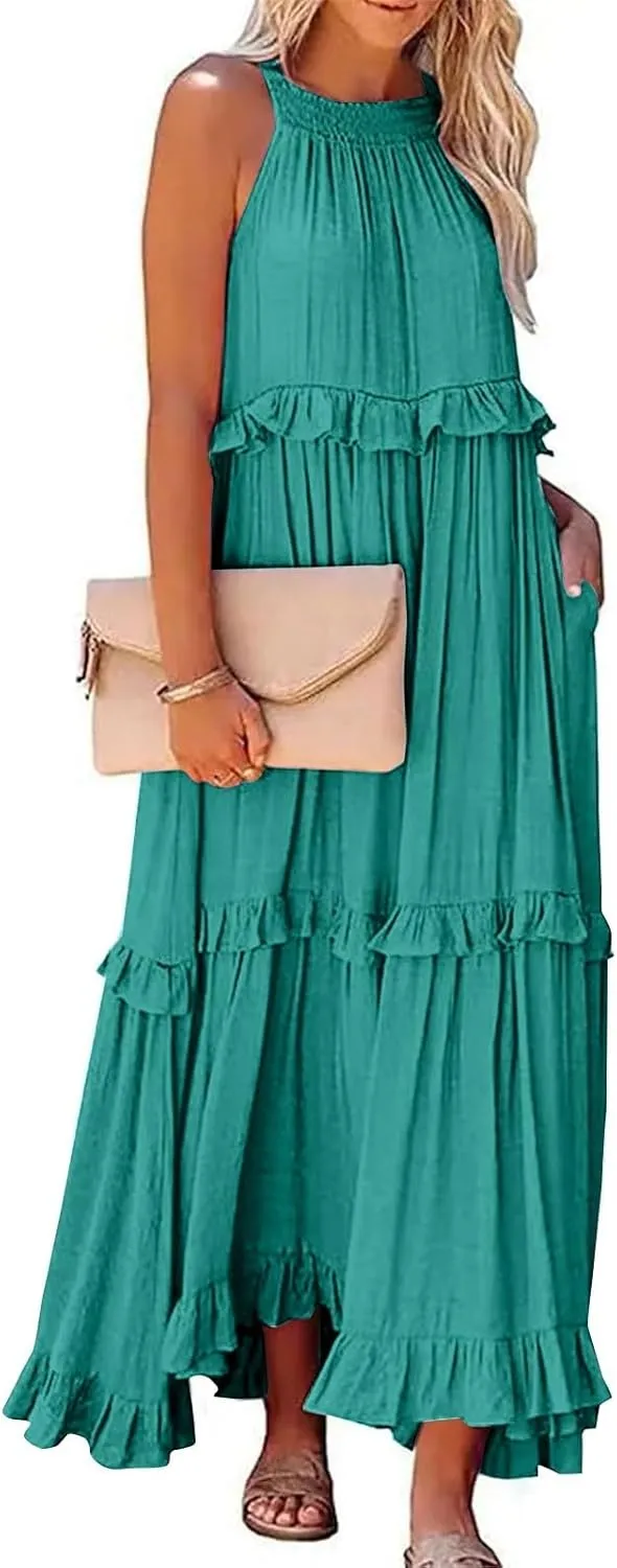 Smocked Dress Women Summer Sleeveless Tank Sundress Halter Tie Back Loose Flowy Ruffle Maxi Dresses with Pockets