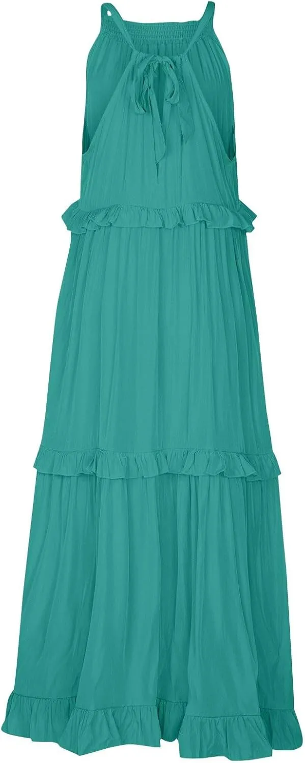 Smocked Dress Women Summer Sleeveless Tank Sundress Halter Tie Back Loose Flowy Ruffle Maxi Dresses with Pockets