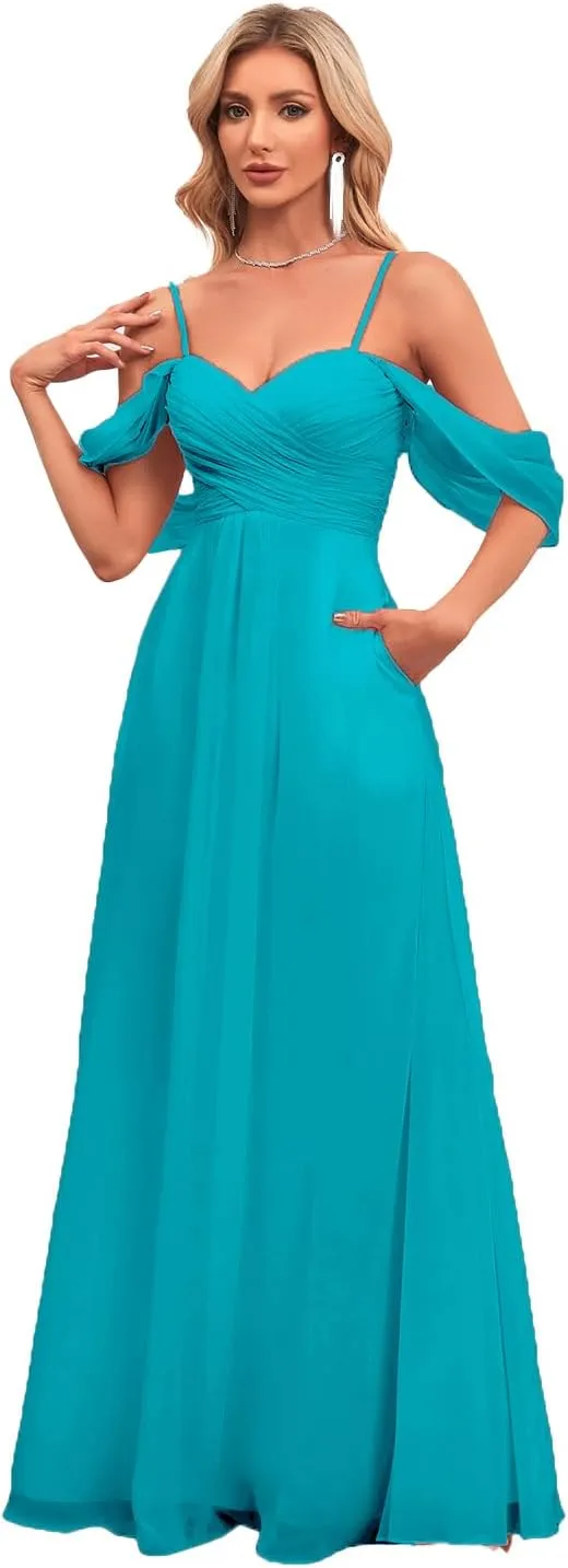 Spaghetti Strap Chiffon Bridesmaid Dresses for Wedding Women's V-Neck Off Shoulder Formal Dresses