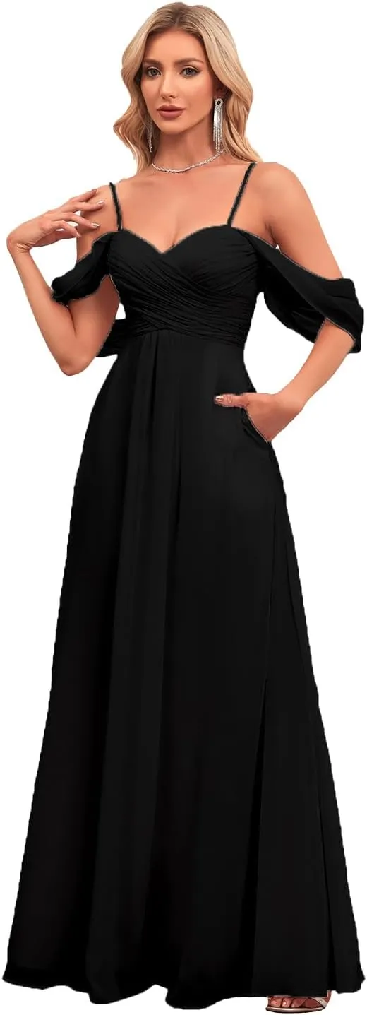 Spaghetti Strap Chiffon Bridesmaid Dresses for Wedding Women's V-Neck Off Shoulder Formal Dresses