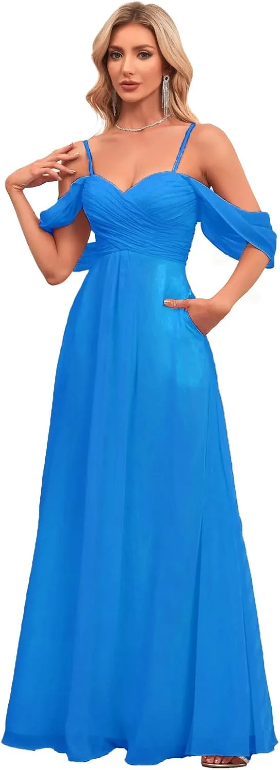 Spaghetti Strap Chiffon Bridesmaid Dresses for Wedding Women's V-Neck Off Shoulder Formal Dresses