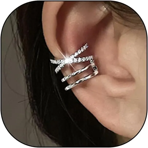 Sparkling Zirconia Ear Cuff Earring for Women Gold Plated Chunky Metal Non Piercing Clip On Earrings Minimalist Geometric Statement Everyday Jewelry